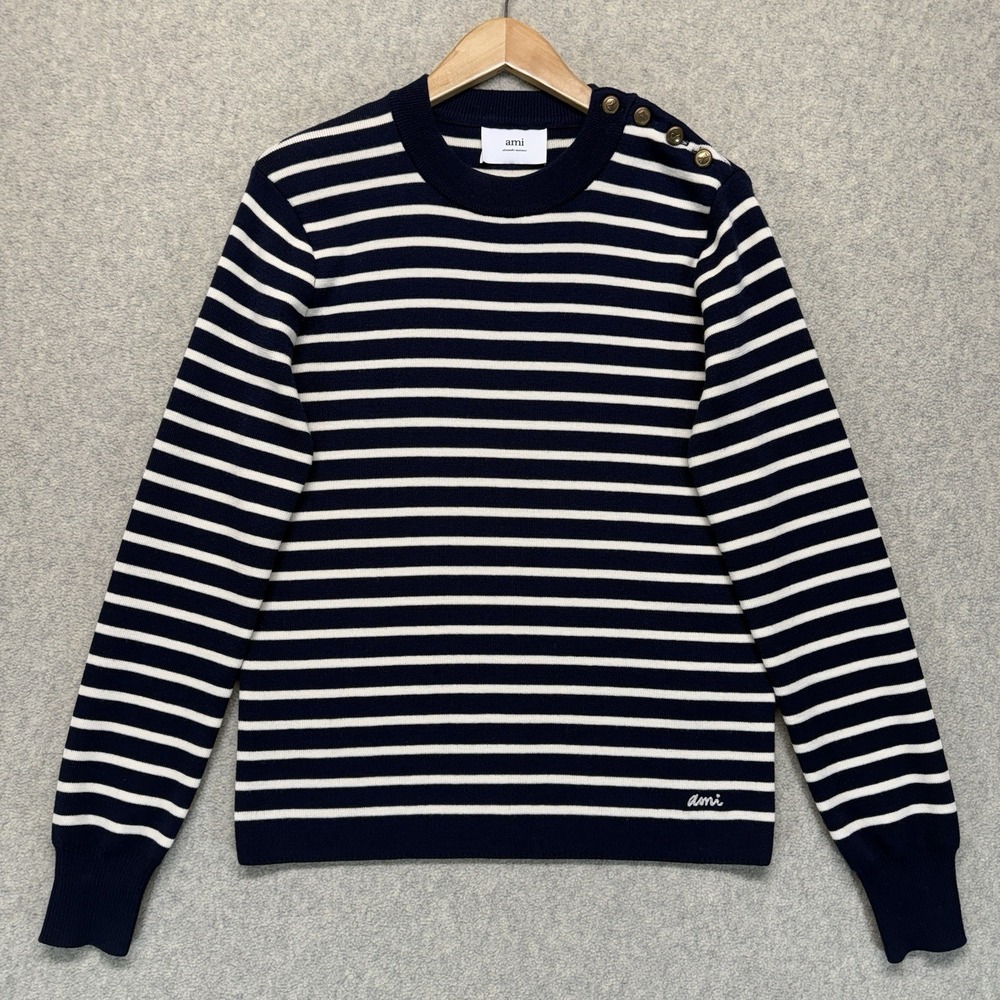 AMI Alexandre Mattiussi Navy White Striped Button Shoulder Sweater Medium‎ Italy